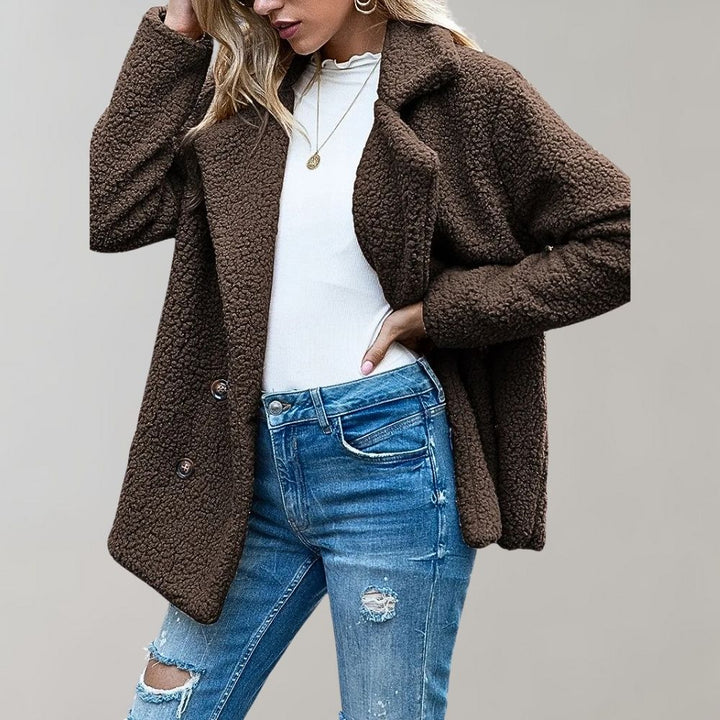 Drune | Damen Sherpa-Jacke - Weiche fliessende Textur - Oversized Fit - Doppelt knöpfiger Reversmantel
