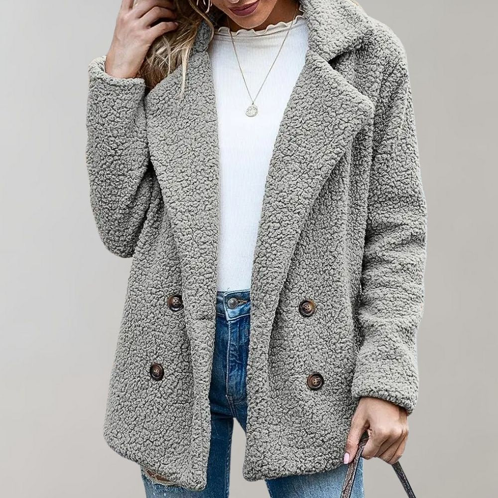 Drune | Damen Sherpa-Jacke - Weiche fliessende Textur - Oversized Fit - Doppelt knöpfiger Reversmantel