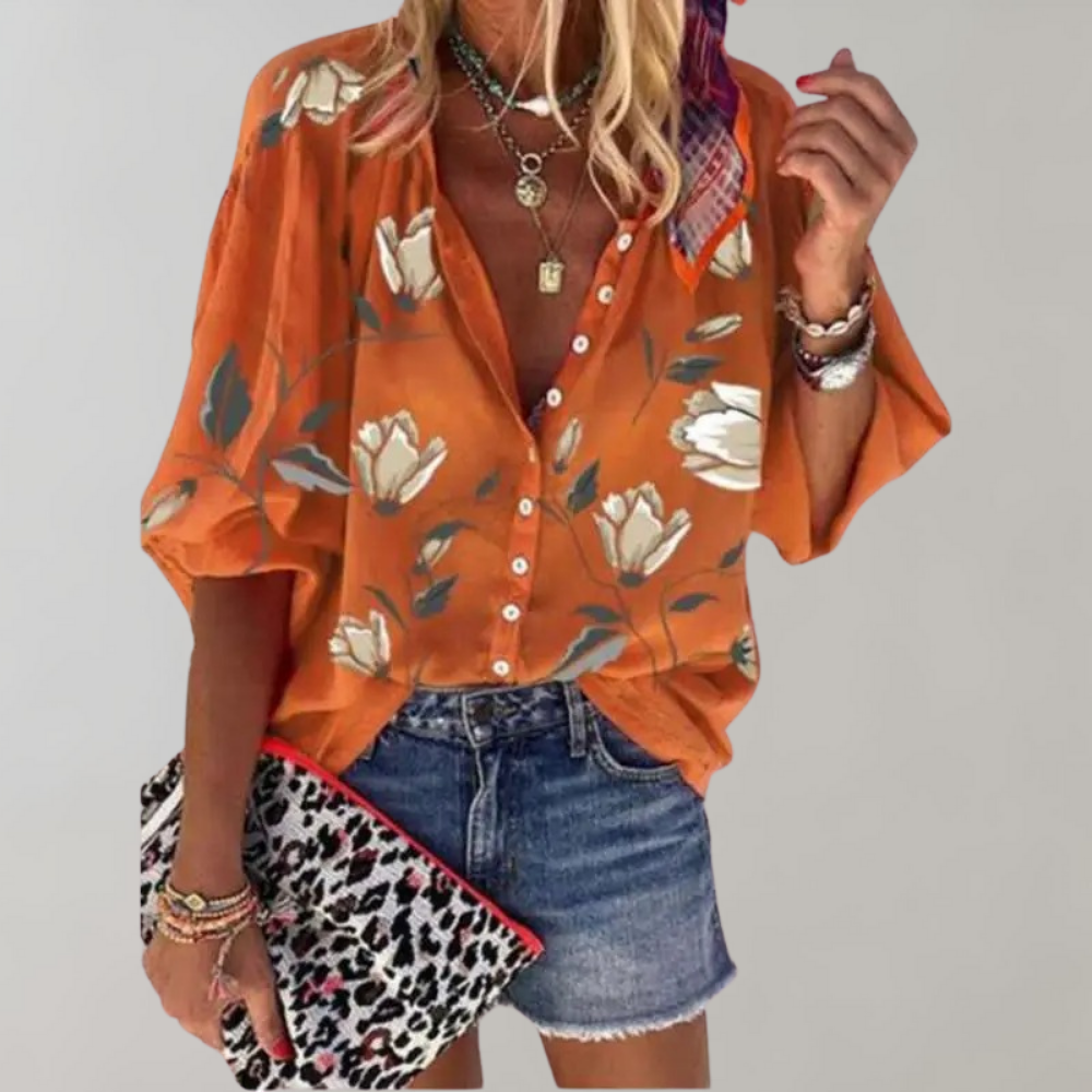 Drune-Sommerbluse | Lässige Damenbluse mit Blumenmuster und Knöpfen
