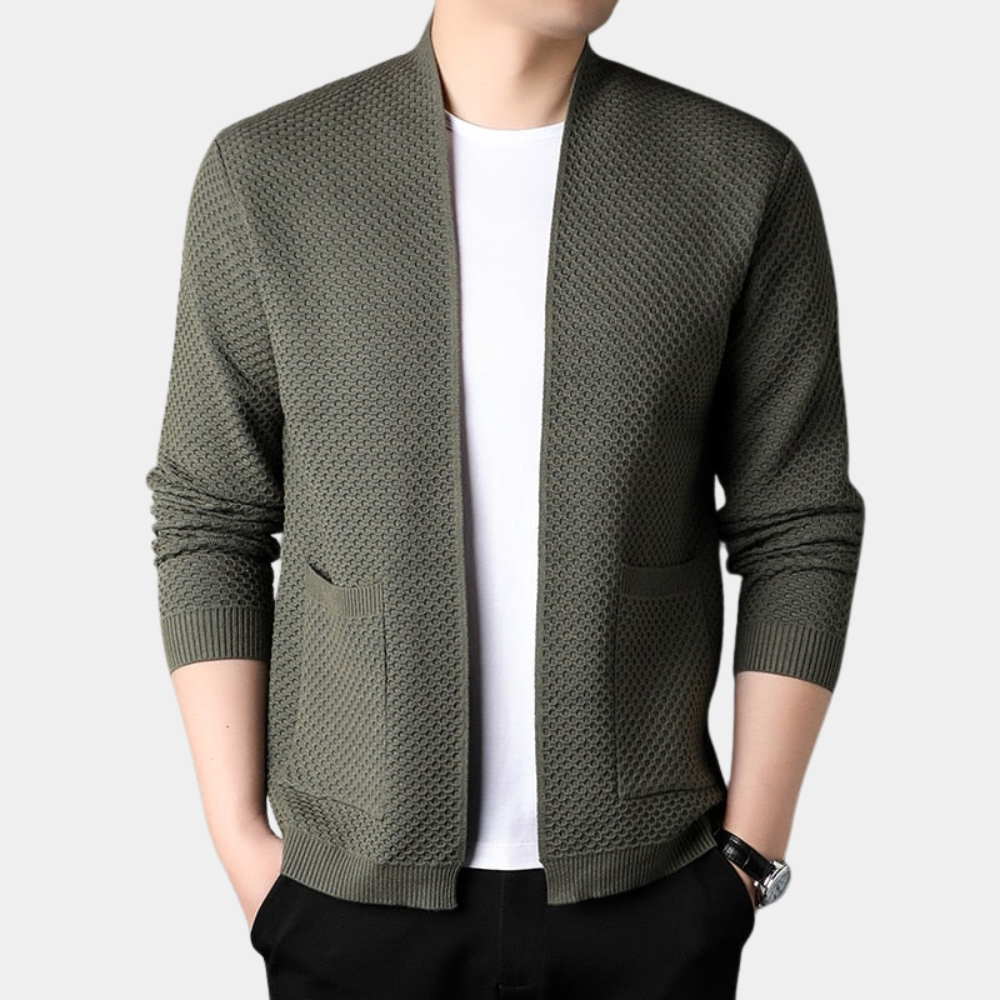 Drune | Slim Fit Gestrickte Textur Offene Vorderseite Gerippte Kanten Taschen