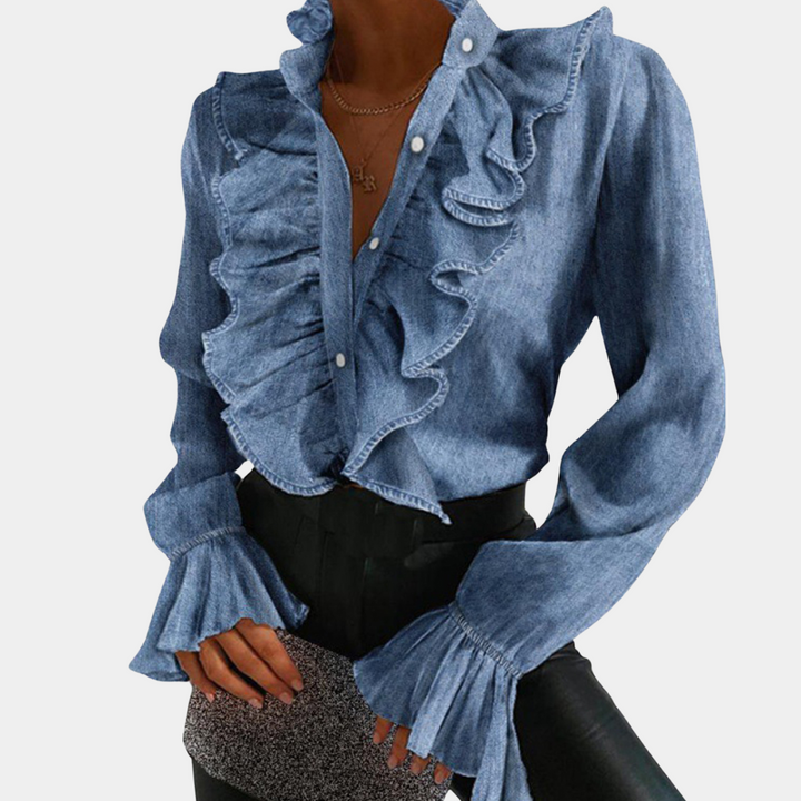 Drune | Denim-Bluse mit Rüschen und Knopfleiste für Damen