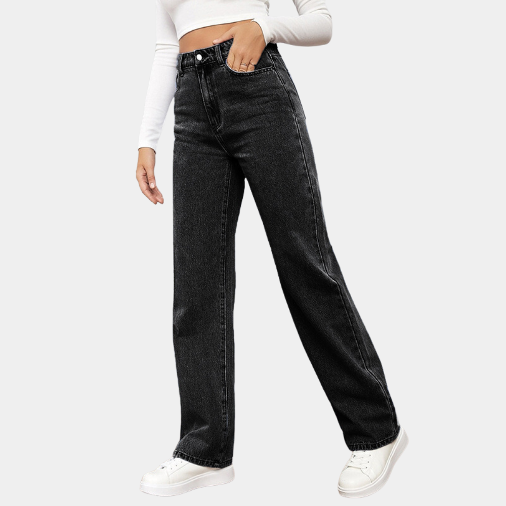 Drune | Waist Jeans Damen - Gerade Schnitt Mom Fit Denim Hose mit Taschen & Elastischem Bund