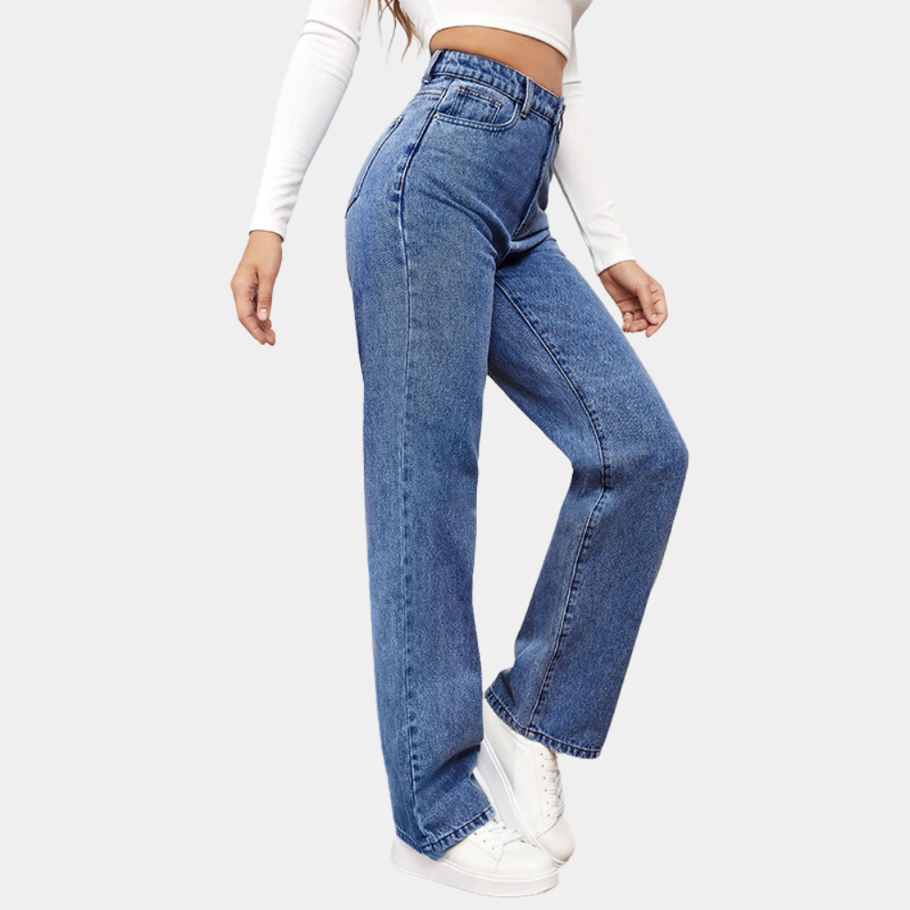 Drune | Waist Jeans Damen - Gerade Schnitt Mom Fit Denim Hose mit Taschen & Elastischem Bund