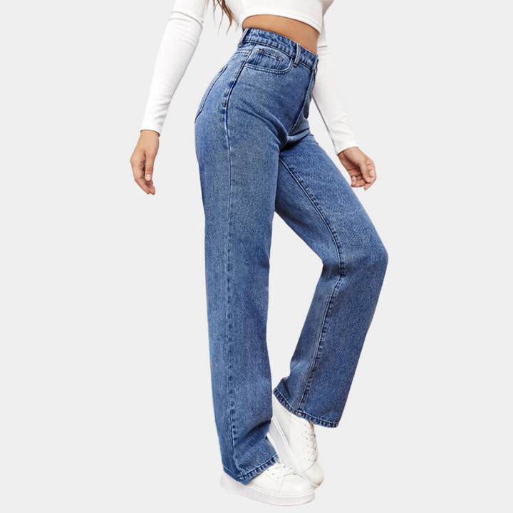 Drune | Waist Jeans Damen - Gerade Schnitt Mom Fit Denim Hose mit Taschen & Elastischem Bund