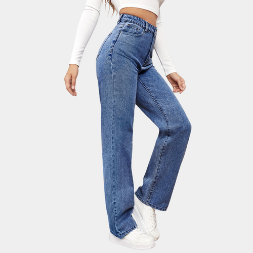 Drune | Waist Jeans Damen - Gerade Schnitt Mom Fit Denim Hose mit Taschen & Elastischem Bund