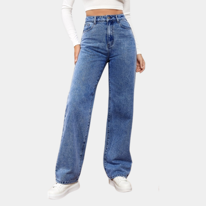 Drune | Waist Jeans Damen - Gerade Schnitt Mom Fit Denim Hose mit Taschen & Elastischem Bund