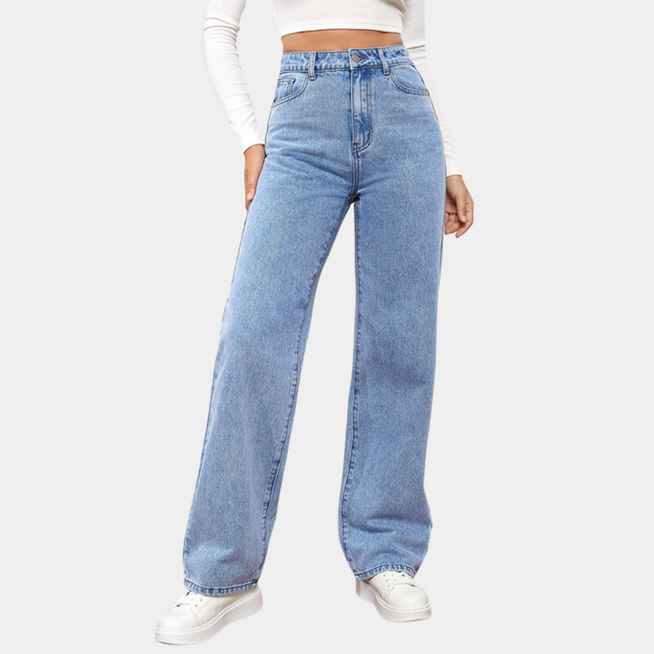 Drune | Waist Jeans Damen - Gerade Schnitt Mom Fit Denim Hose mit Taschen & Elastischem Bund
