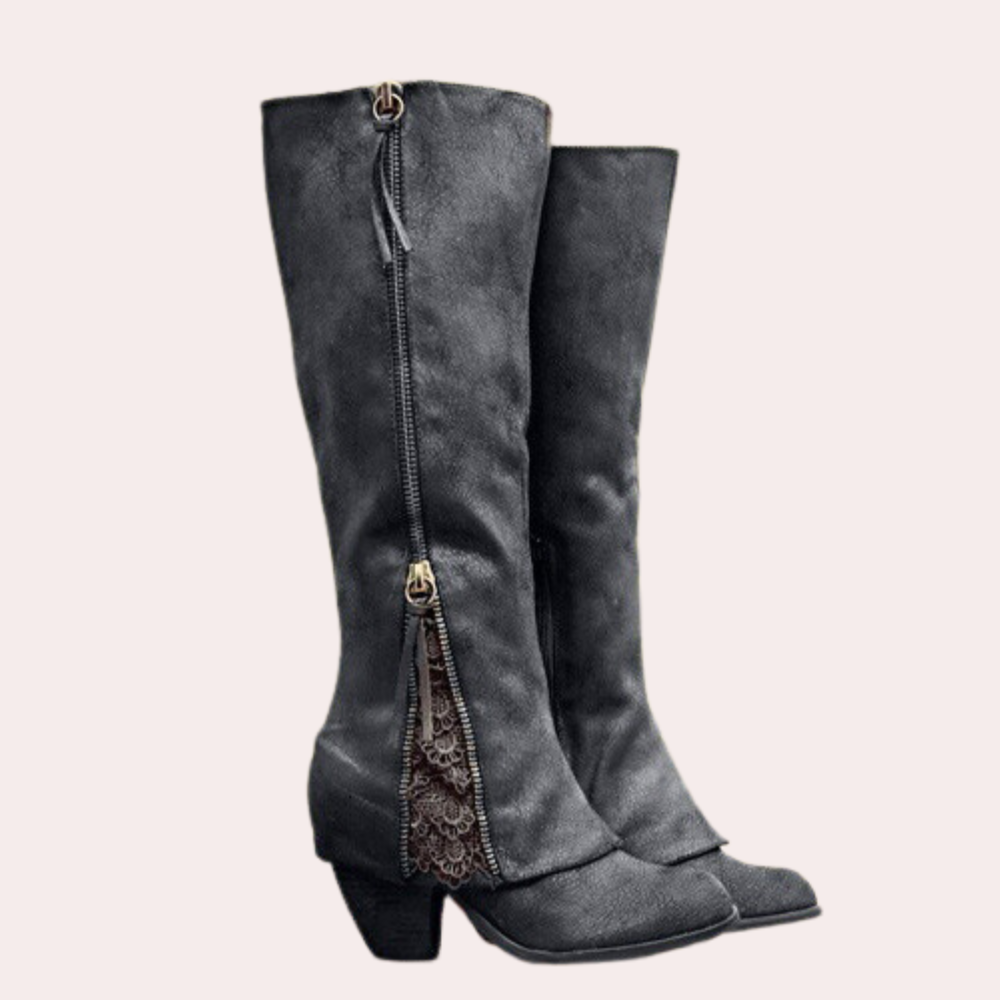 Drune | Knielange Stiefel - Kunstsuede - Blockabsatz - Runde Spitze - Reißverschluss & Schnürdetails