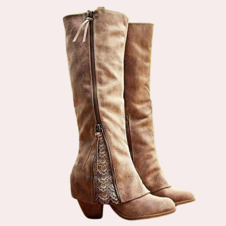 Drune | Knielange Stiefel - Kunstsuede - Blockabsatz - Runde Spitze - Reißverschluss & Schnürdetails