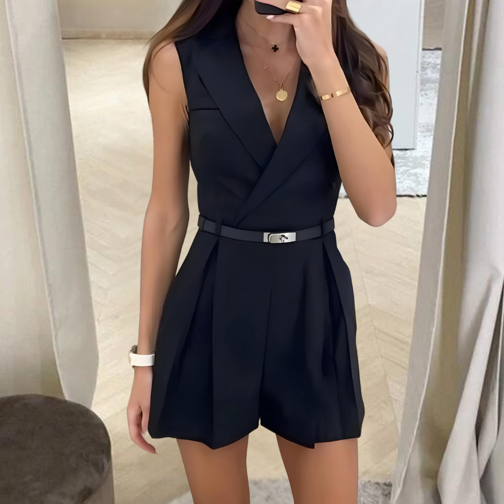 DruneÄrmelloser Jumpsuit Wickel-V-Ausschnitt Taillierter Gürtel Plissierte Shorts Taillierte Passform