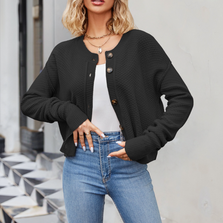 Drune | Strukturierter Button-Cardigan Grau, Schwarz, Aprikose Minimal Chic Stil