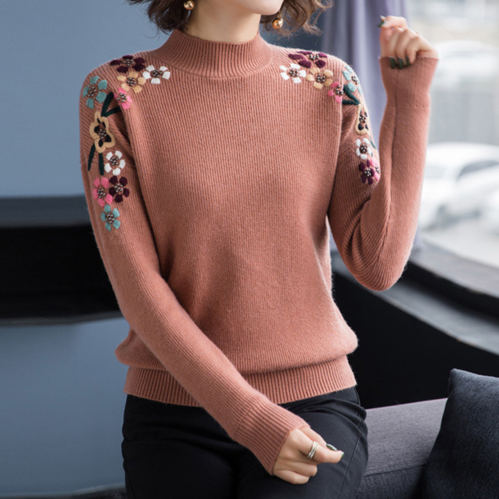 Drune | Weiche Damenpullover mit Bestickten Blumen