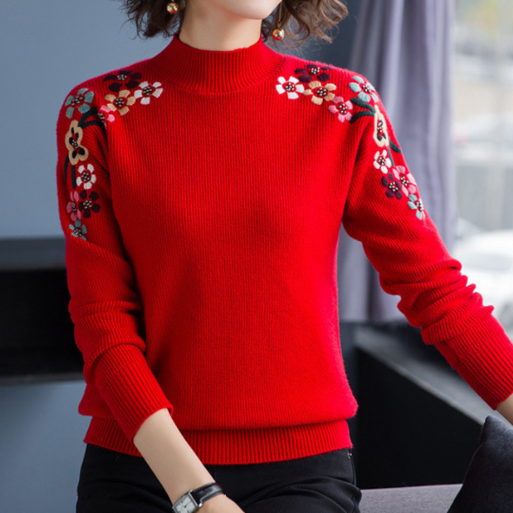 Drune | Weiche Damenpullover mit Bestickten Blumen
