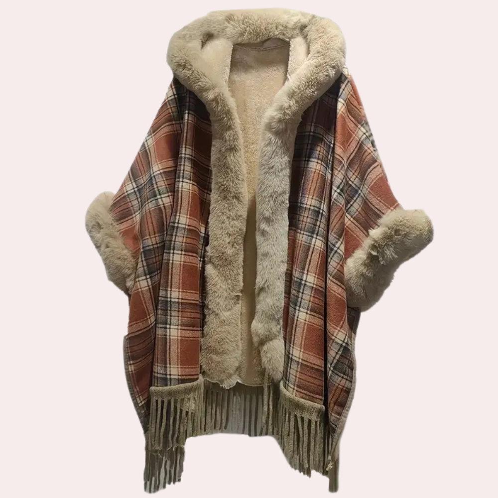Drune | Poncho-Jacke - Luxus-Damenumhang mit Kapuze und Fake-Fur-Besatz