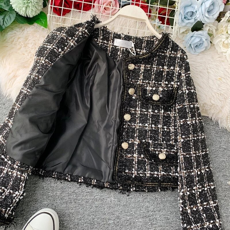 Drune | Tweed-Jacke - Goldenen Knopf Akzente - Klassische Eleganz - Anspruchsvolles Schichten