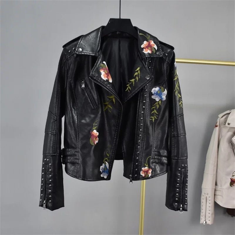 Drune | Bestickte Kunstlederjacke - Nieten Details - Kühner Motorradstil - Vielseitige Oberbekleidung