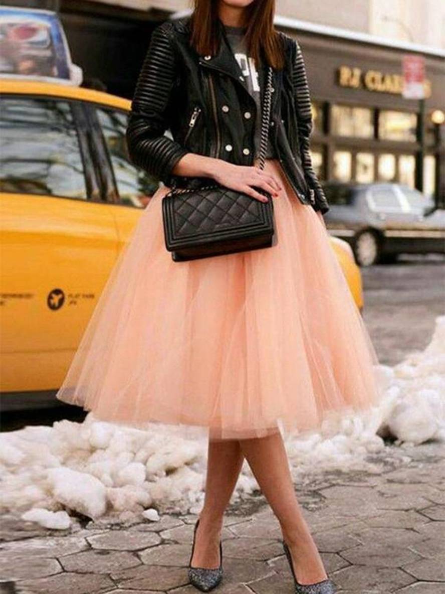 Drune | Midi-Länge Faltenrock Elastischer Tutu aus Tüll Elegant Rosa