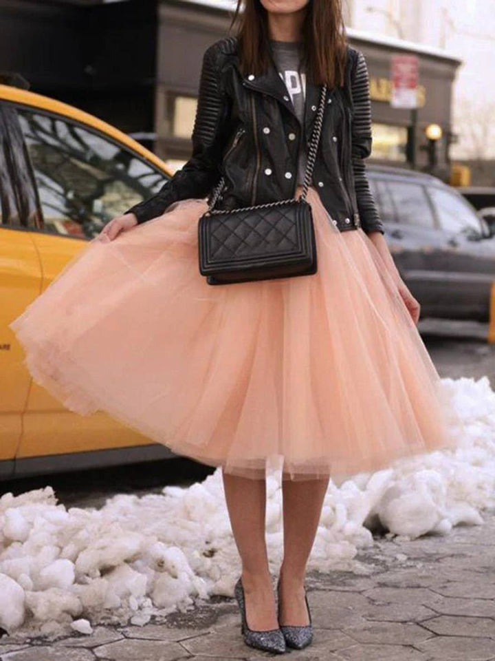Drune | Midi-Länge Faltenrock Elastischer Tutu aus Tüll Elegant Rosa