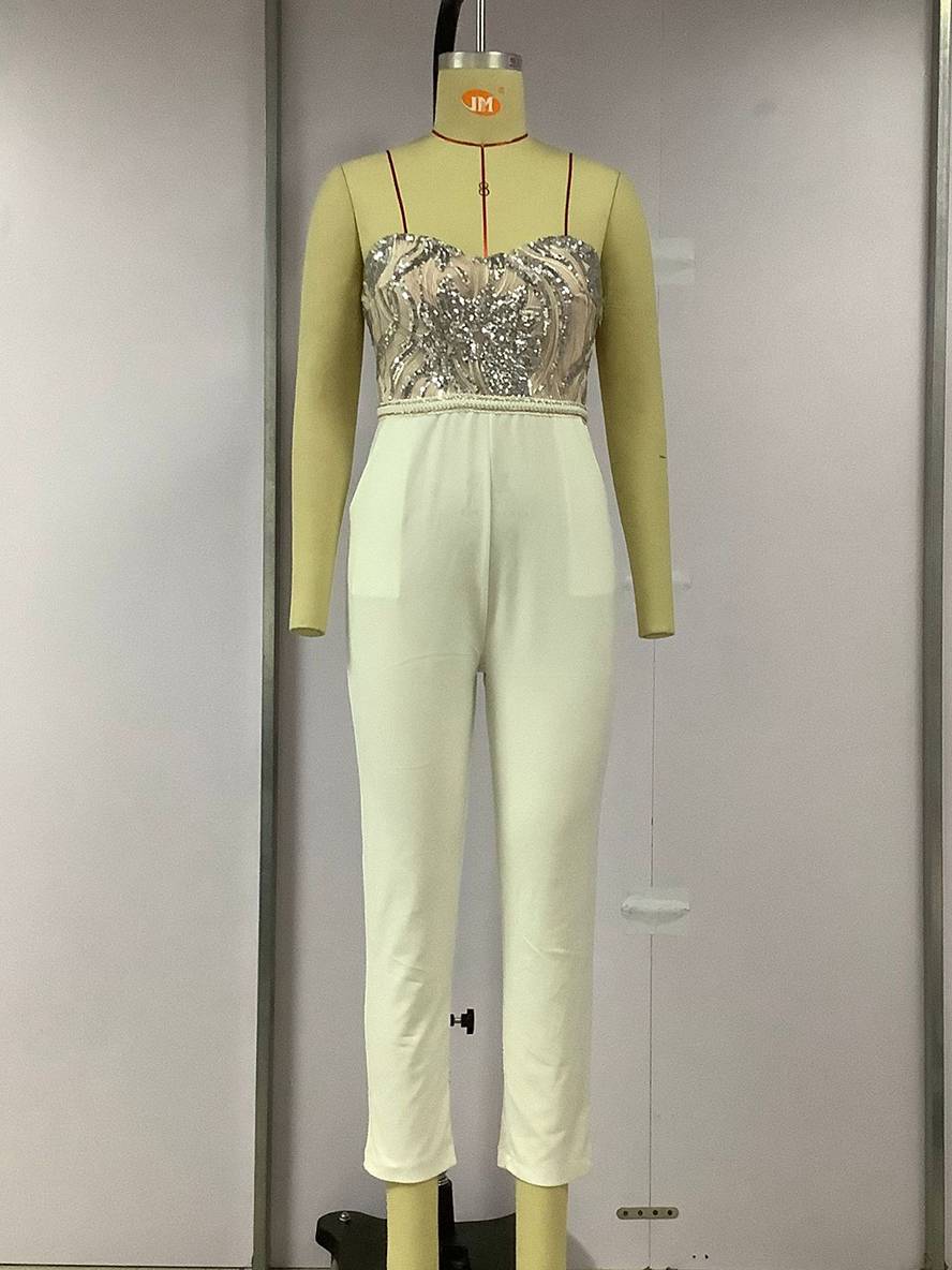 Drune | Slim Fit Jumpsuits Bestickte Taschen Glänzendes Pailletten-Bustier Rückenfrei Frauen Audrey Hepburn