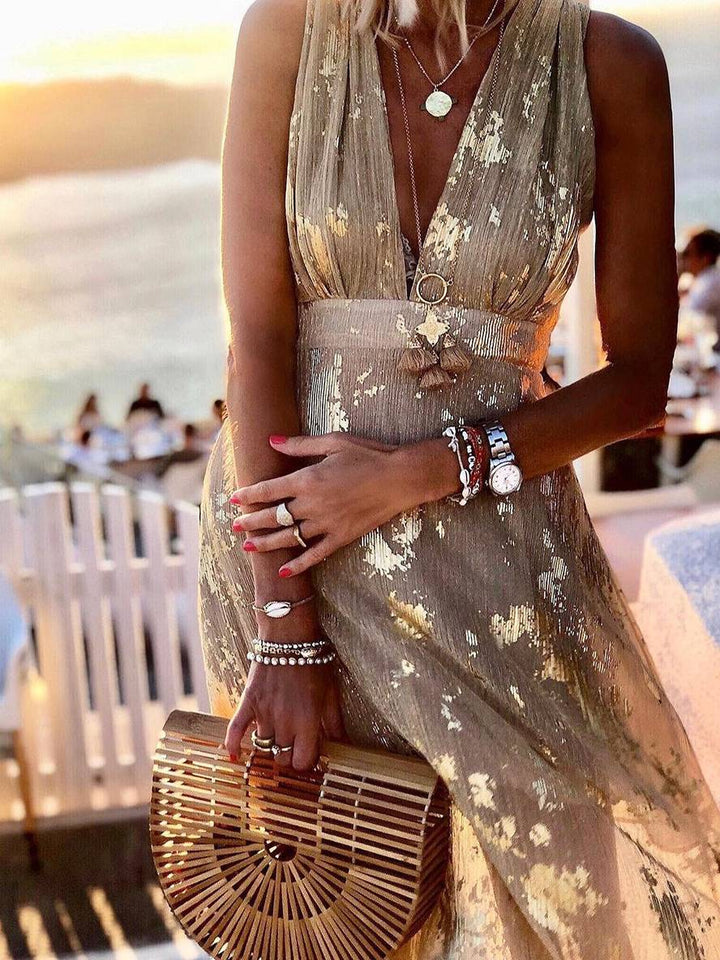 Drune | Langes Kleid Bronzage Glänzend Pailletten V-Ausschnitt Ohne Ärmel Elegante Damen Abendkleid Strand
