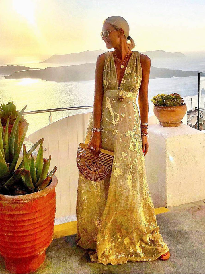Drune | Langes Kleid Bronzage Glänzend Pailletten V-Ausschnitt Ohne Ärmel Elegante Damen Abendkleid Strand