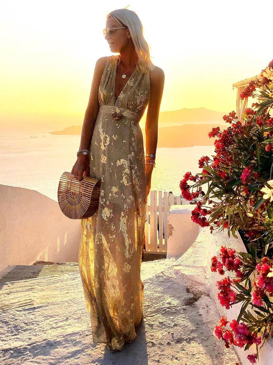 Drune | Langes Kleid Bronzage Glänzend Pailletten V-Ausschnitt Ohne Ärmel Elegante Damen Abendkleid Strand