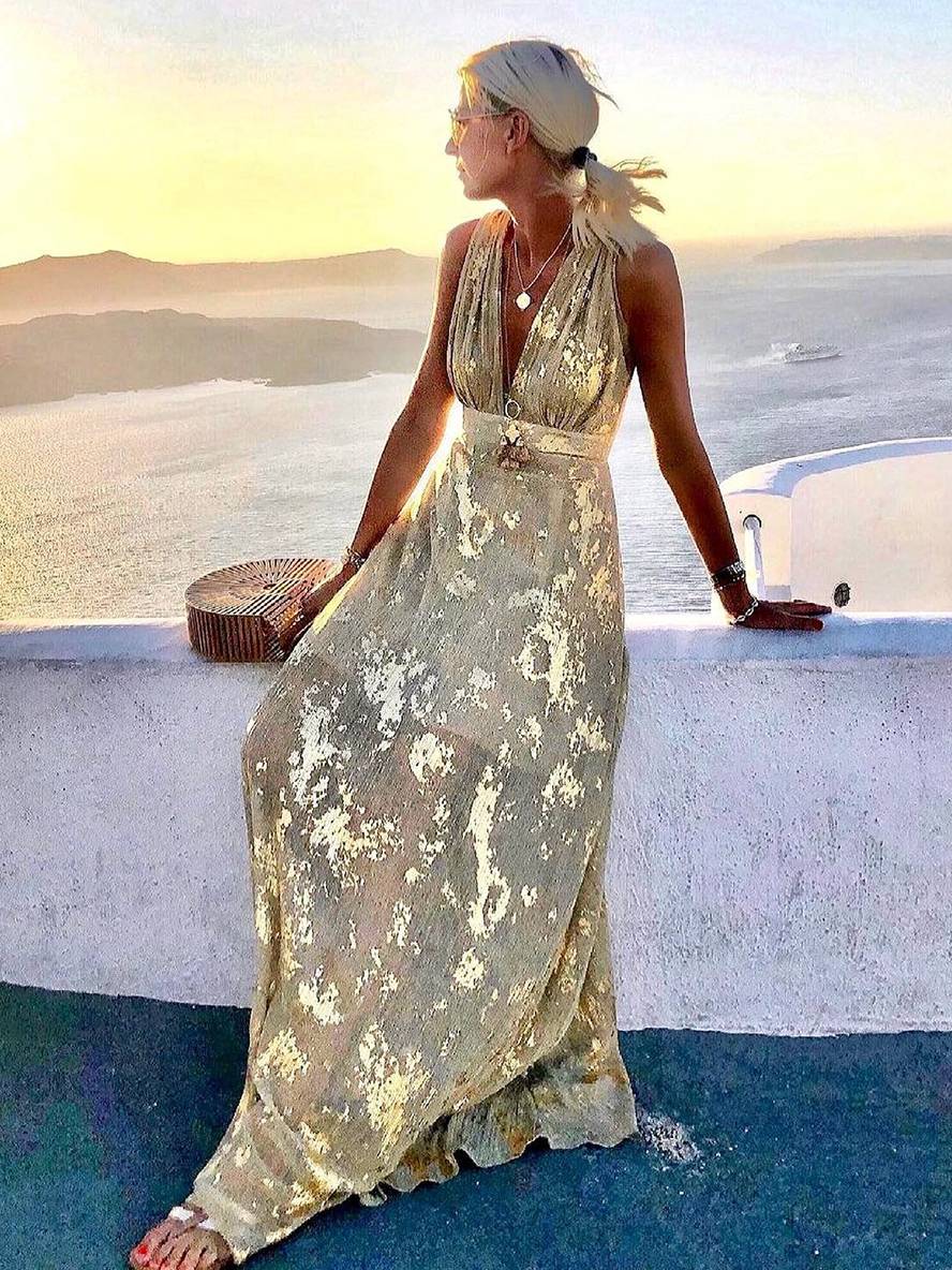 Drune | Langes Kleid Bronzage Glänzend Pailletten V-Ausschnitt Ohne Ärmel Elegante Damen Abendkleid Strand