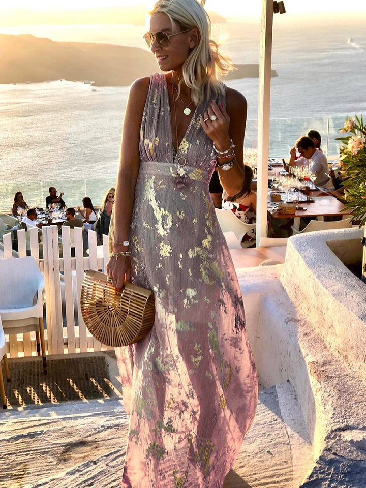 Drune | Langes Kleid Bronzage Glänzend Pailletten V-Ausschnitt Ohne Ärmel Elegante Damen Abendkleid Strand