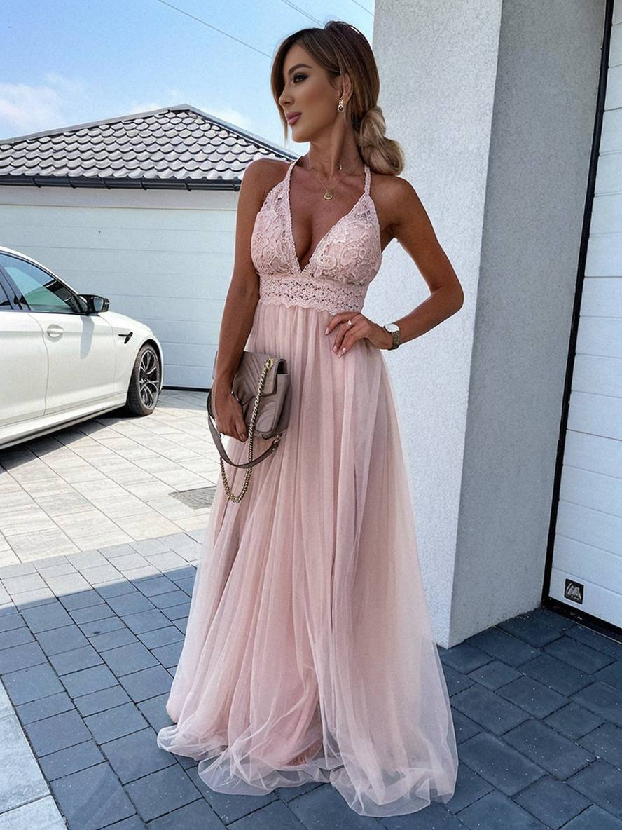 Drune | Langes Kleid mit Spitze Tüll V-Ausschnitt Kreuz Rücken Flüssig Ohne Ärmel Damen Elegant Abend Strand