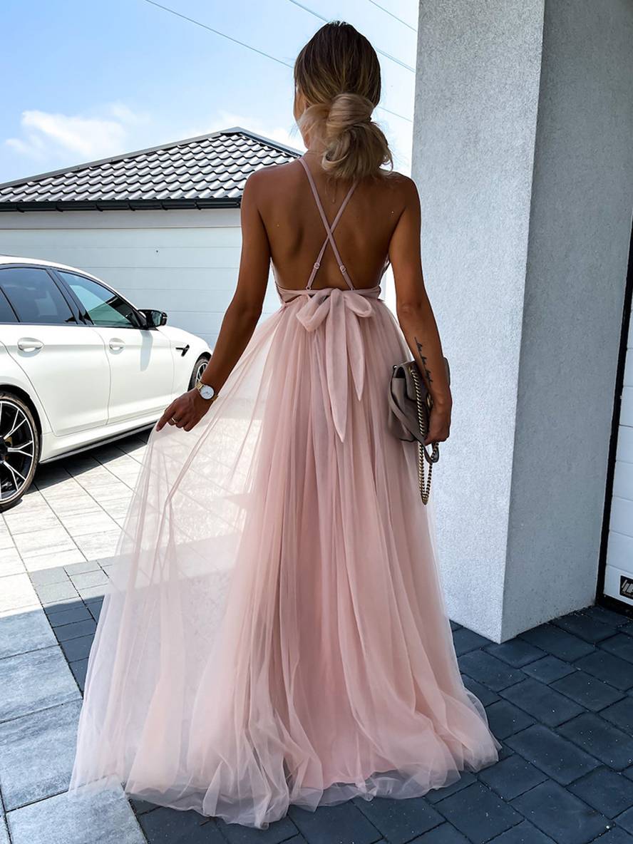 Drune | Langes Kleid mit Spitze Tüll V-Ausschnitt Kreuz Rücken Flüssig Ohne Ärmel Damen Elegant Abend Strand