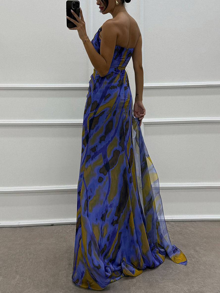 Drune | Lange Kleid mit Blumenmuster aus Chiffon Seitlicher Schlitz Ein Schulterfrei Ohne Ärmel Elegante Abendkleid Damen