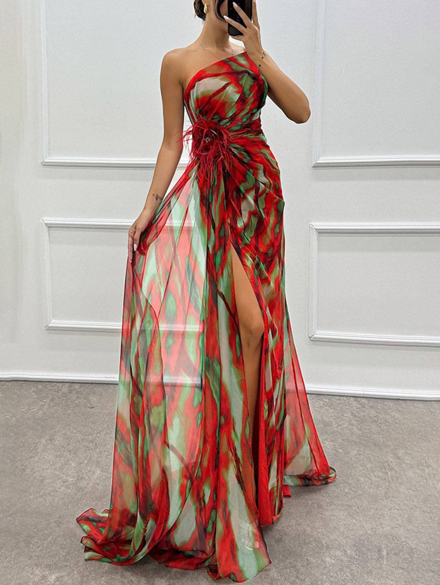 Drune | Lange Kleid mit Blumenmuster aus Chiffon Seitlicher Schlitz Ein Schulterfrei Ohne Ärmel Elegante Abendkleid Damen