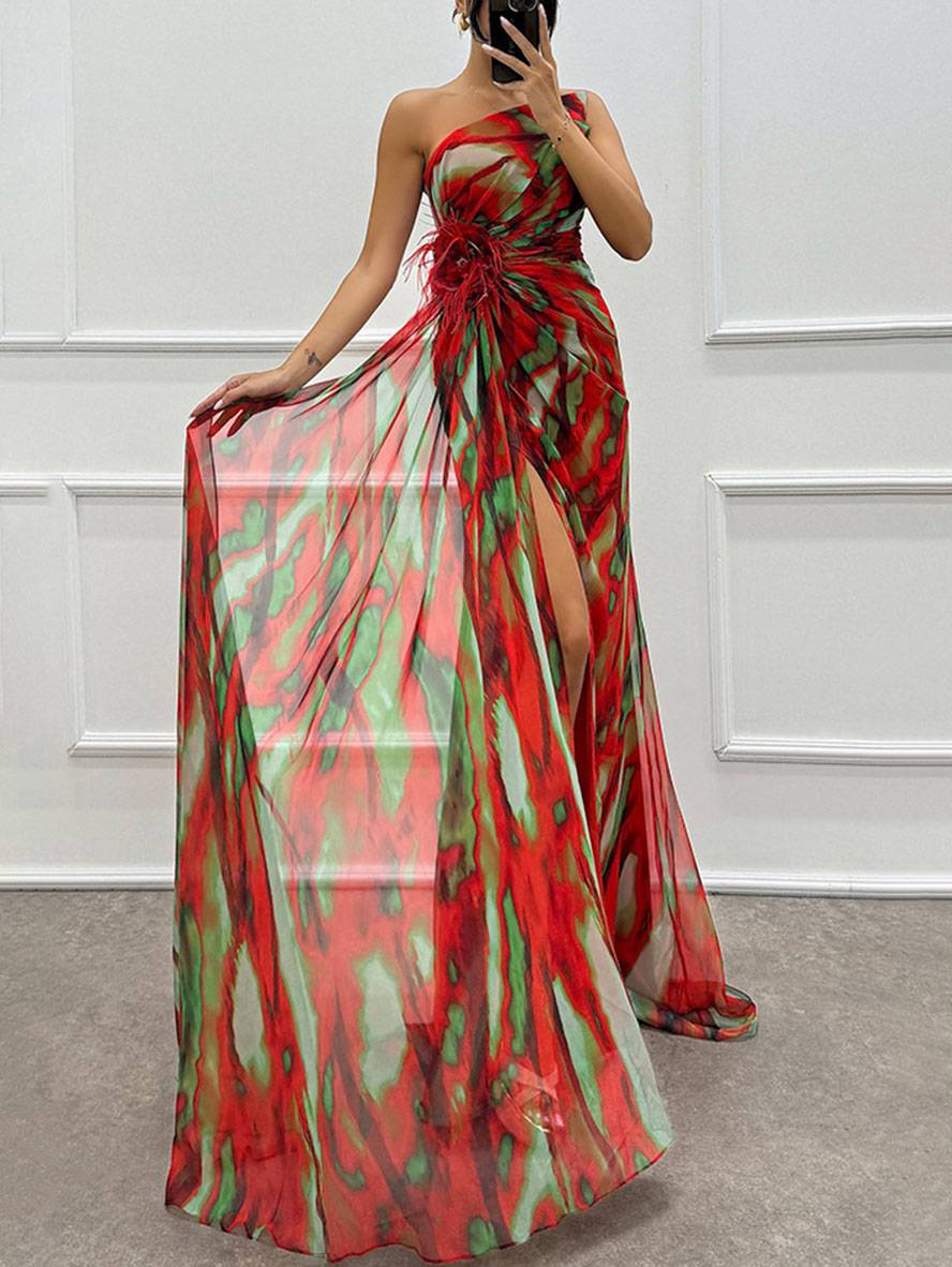 Drune | Lange Kleid mit Blumenmuster aus Chiffon Seitlicher Schlitz Ein Schulterfrei Ohne Ärmel Elegante Abendkleid Damen
