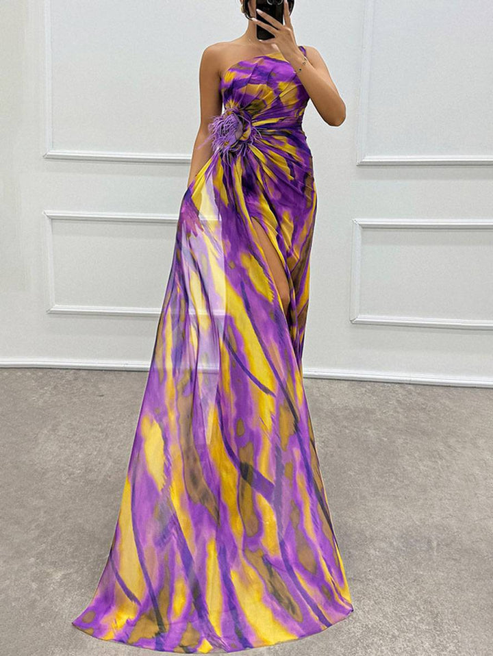 Drune | Lange Kleid mit Blumenmuster aus Chiffon Seitlicher Schlitz Ein Schulterfrei Ohne Ärmel Elegante Abendkleid Damen
