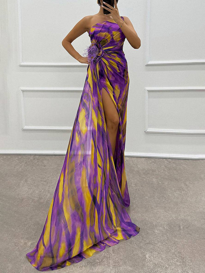 Drune | Lange Kleid mit Blumenmuster aus Chiffon Seitlicher Schlitz Ein Schulterfrei Ohne Ärmel Elegante Abendkleid Damen