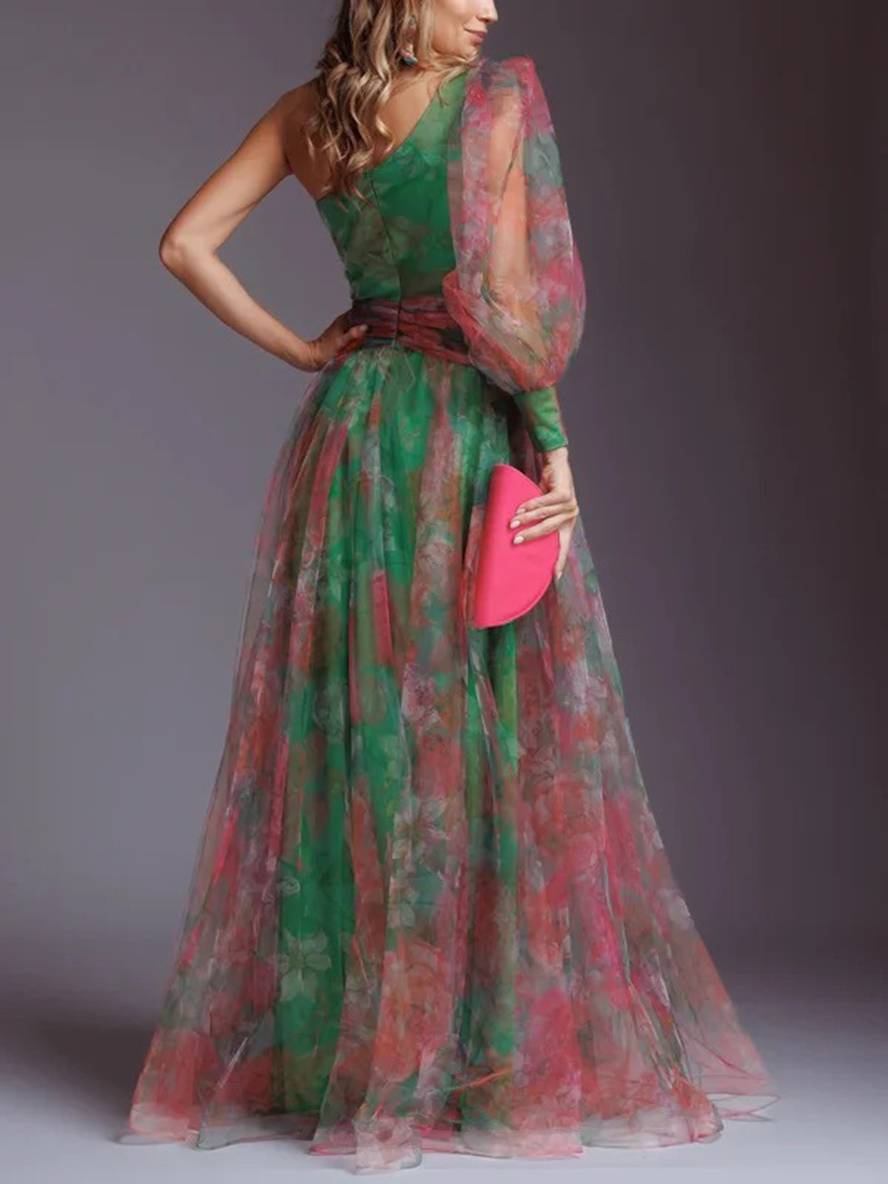 Drune | Lange Kleid Gemustert mit Blumen Chiffon Tüll Geschnitten An Der Seite Eine Schulter Frauen Elegant Lässig Von Abend