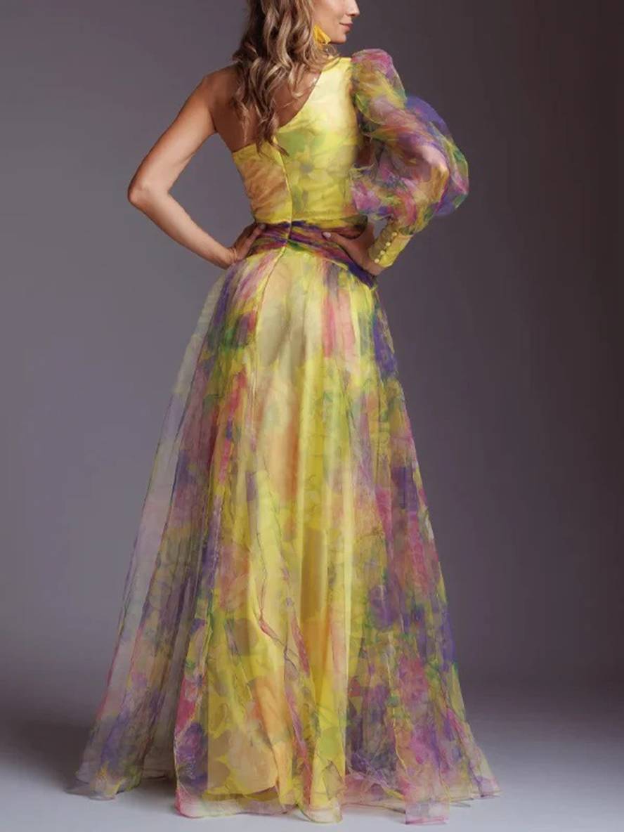Drune | Lange Kleid Gemustert mit Blumen Chiffon Tüll Geschnitten An Der Seite Eine Schulter Frauen Elegant Lässig Von Abend