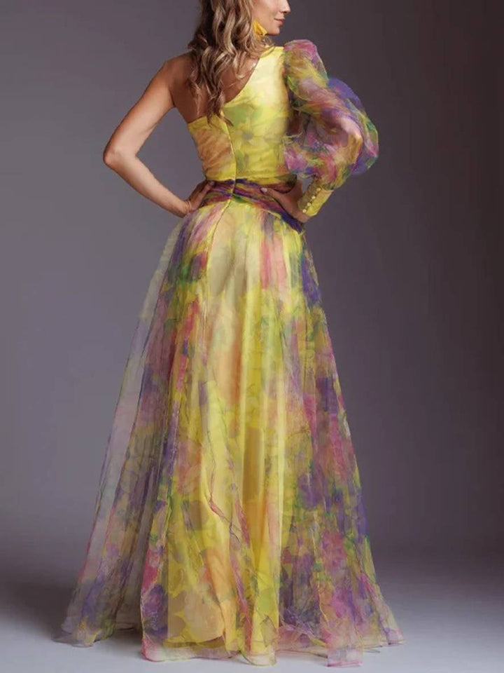 Drune | Lange Kleid Gemustert mit Blumen Chiffon Tüll Geschnitten An Der Seite Eine Schulter Frauen Elegant Lässig Von Abend