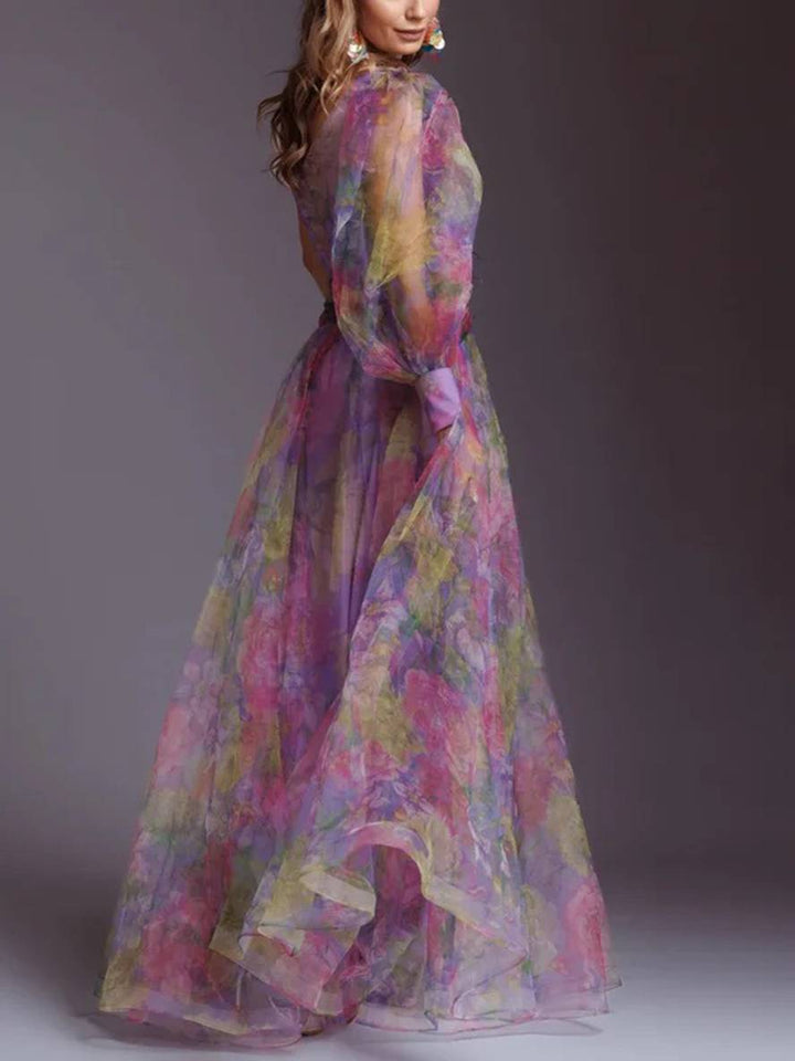 Drune | Lange Kleid Gemustert mit Blumen Chiffon Tüll Geschnitten An Der Seite Eine Schulter Frauen Elegant Lässig Von Abend