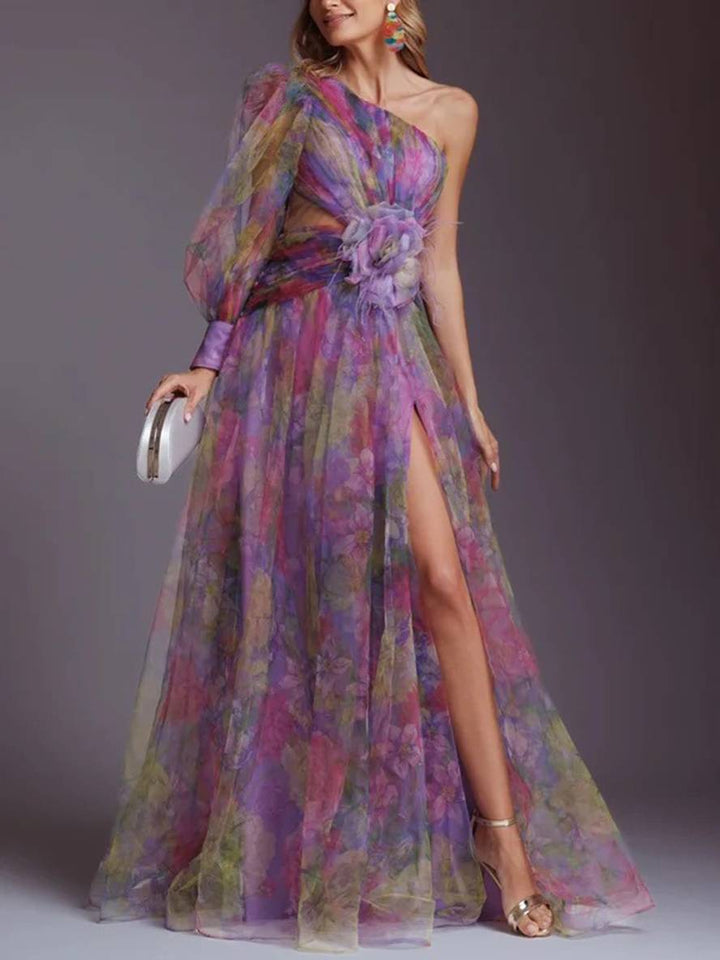Drune | Lange Kleid Gemustert mit Blumen Chiffon Tüll Geschnitten An Der Seite Eine Schulter Frauen Elegant Lässig Von Abend