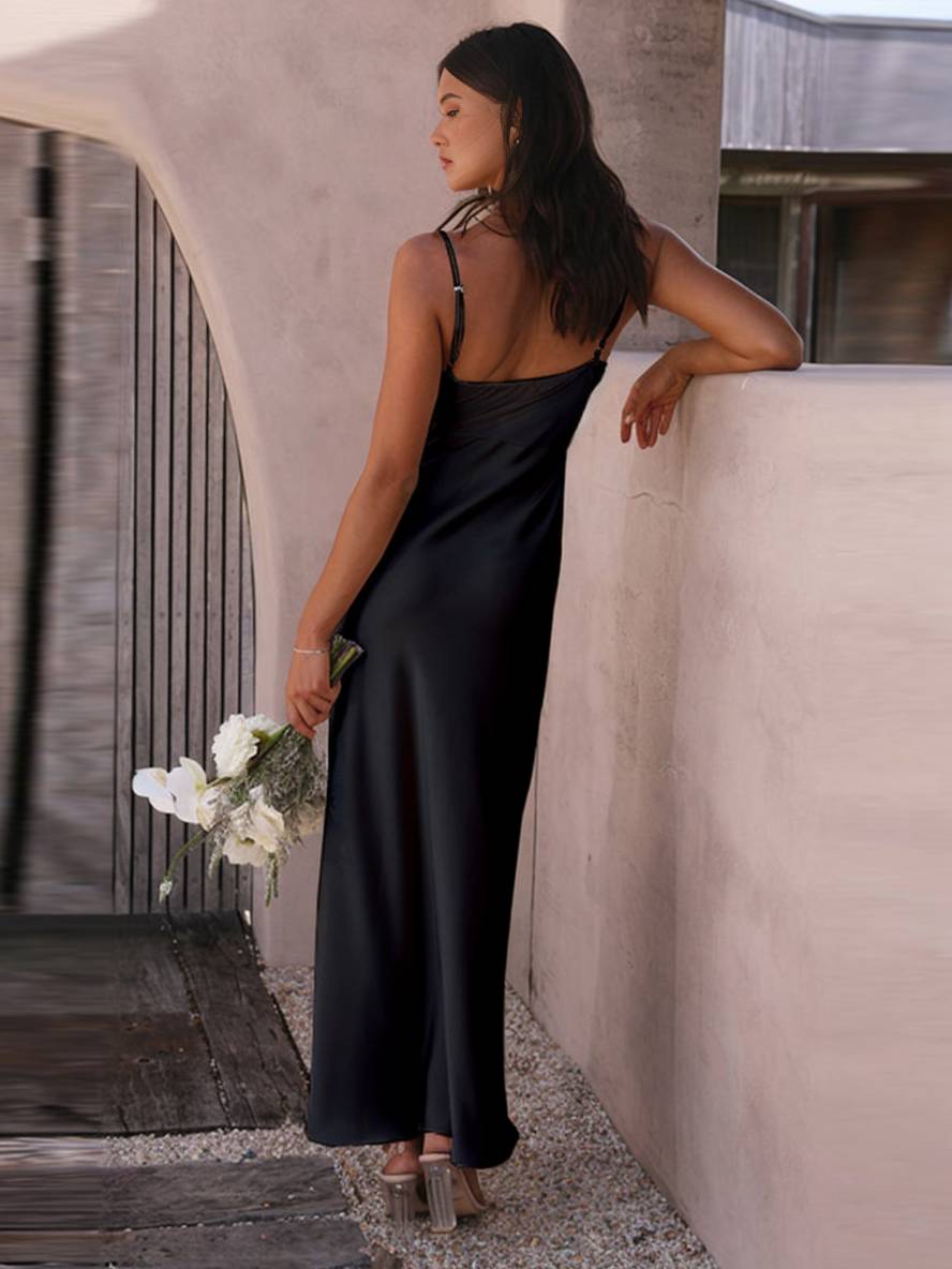 Drune | Satin Abendkleid Brautjungfer Eng mit Schlitz und Feinen Trägern Elegantes Abendkleid für Landhochzeit