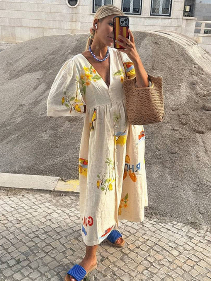Drune | Langes Kleid aus Einzigartigem Bedrucktem Leinen V-Ausschnitt Knopfleiste Puffärmel Kurzärmlig Damen Lässig Locker Sommer Casual