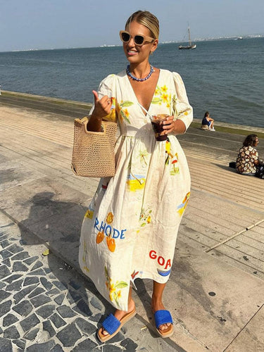 Drune | Langes Kleid aus Einzigartigem Bedrucktem Leinen V-Ausschnitt Knopfleiste Puffärmel Kurzärmlig Damen Lässig Locker Sommer Casual
