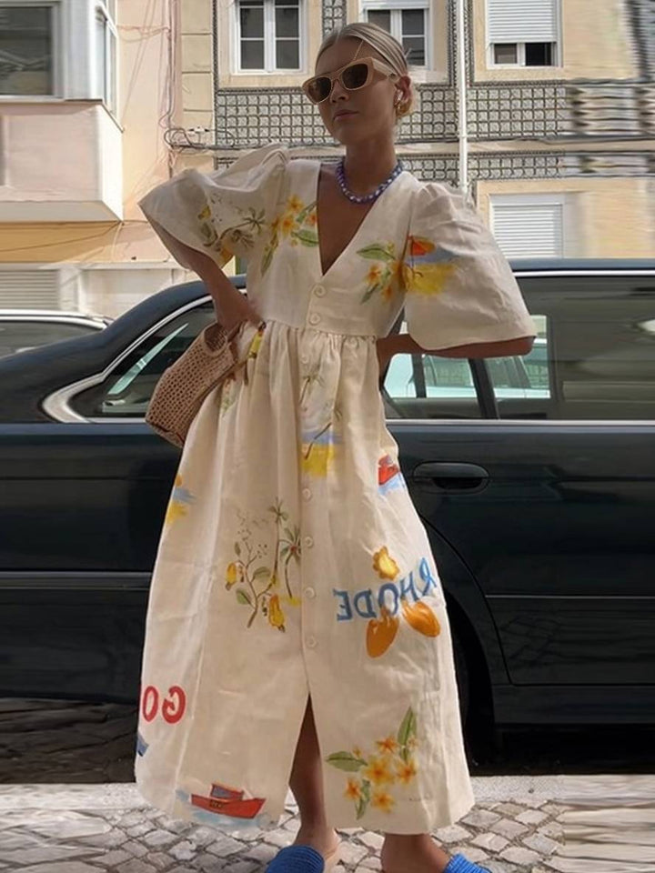 Drune | Langes Kleid aus Einzigartigem Bedrucktem Leinen V-Ausschnitt Knopfleiste Puffärmel Kurzärmlig Damen Lässig Locker Sommer Casual