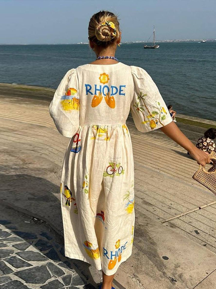 Drune | Langes Kleid aus Einzigartigem Bedrucktem Leinen V-Ausschnitt Knopfleiste Puffärmel Kurzärmlig Damen Lässig Locker Sommer Casual