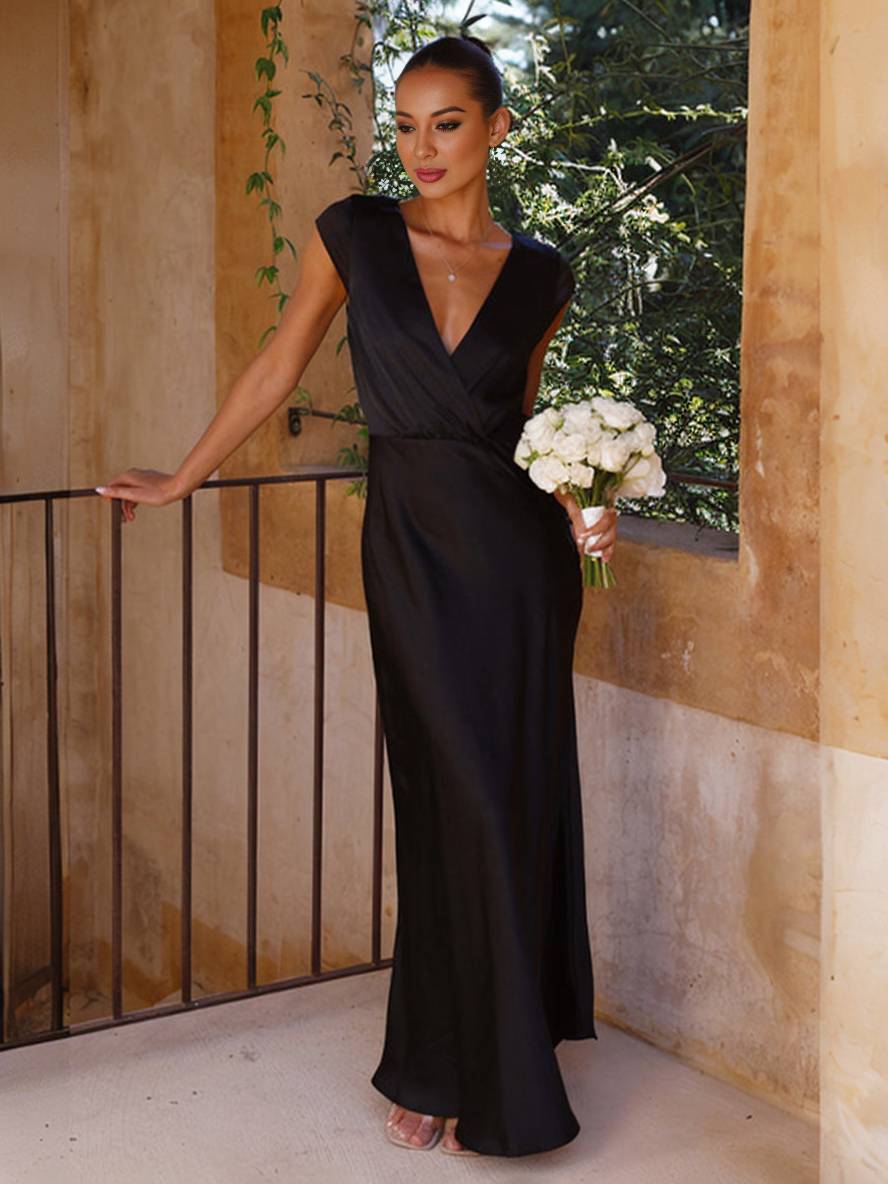 Drune | Satin Kleid Trauzeugin Passform Meerjungfrau V-Ausschnitt Cap Ärmel Elegantes Abendkleid für Hochzeit