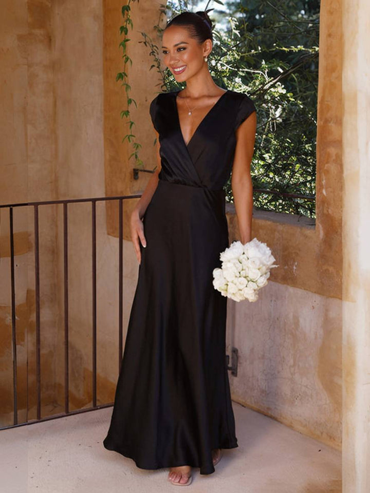 Drune | Satin Kleid Trauzeugin Passform Meerjungfrau V-Ausschnitt Cap Ärmel Elegantes Abendkleid für Hochzeit