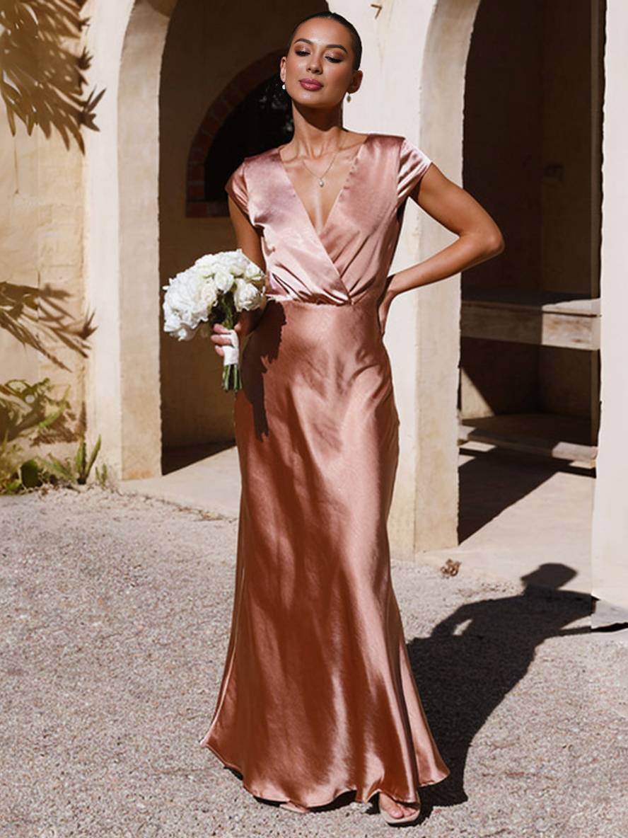 Drune | Satin Kleid Trauzeugin Passform Meerjungfrau V-Ausschnitt Cap Ärmel Elegantes Abendkleid für Hochzeit