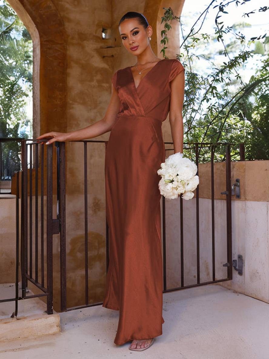Drune | Satin Kleid Trauzeugin Passform Meerjungfrau V-Ausschnitt Cap Ärmel Elegantes Abendkleid für Hochzeit