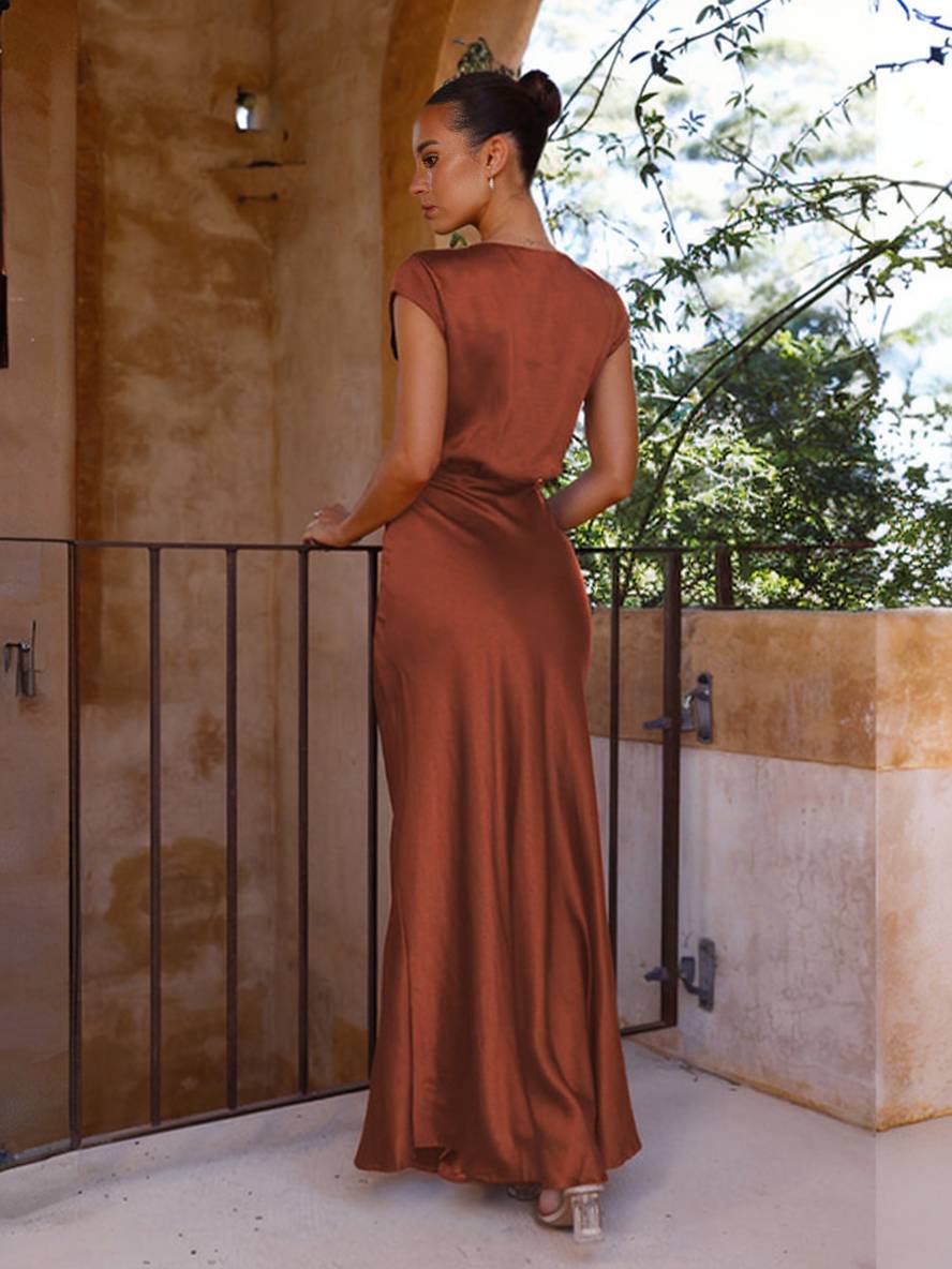 Drune | Satin Kleid Trauzeugin Passform Meerjungfrau V-Ausschnitt Cap Ärmel Elegantes Abendkleid für Hochzeit